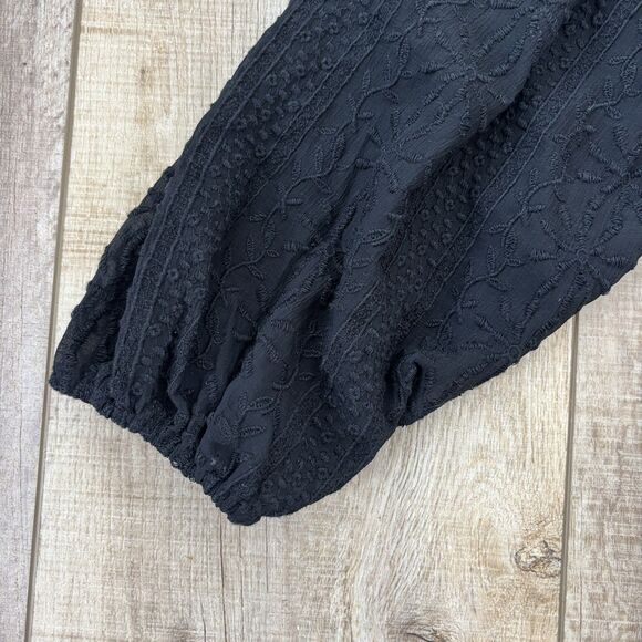 Old Navy Womens Black Floral Embroidery Blouse L Black Sheer Boho Flowy Cruise - Picture 5 of 13